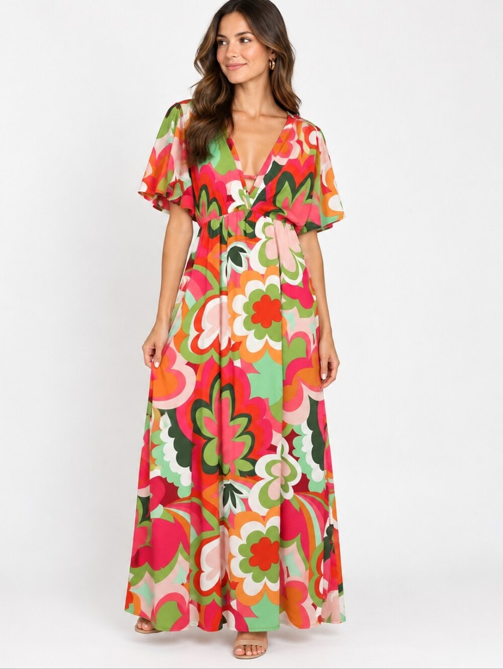 ODDY Retro Floral Maxi Dress - Pink, Green, Orange